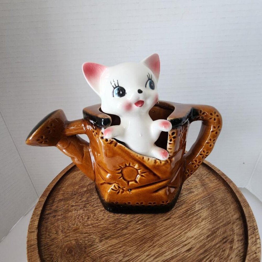 Made In Japan Ceramic Kitten In Watering Can-5 1/2” tall 7” wide